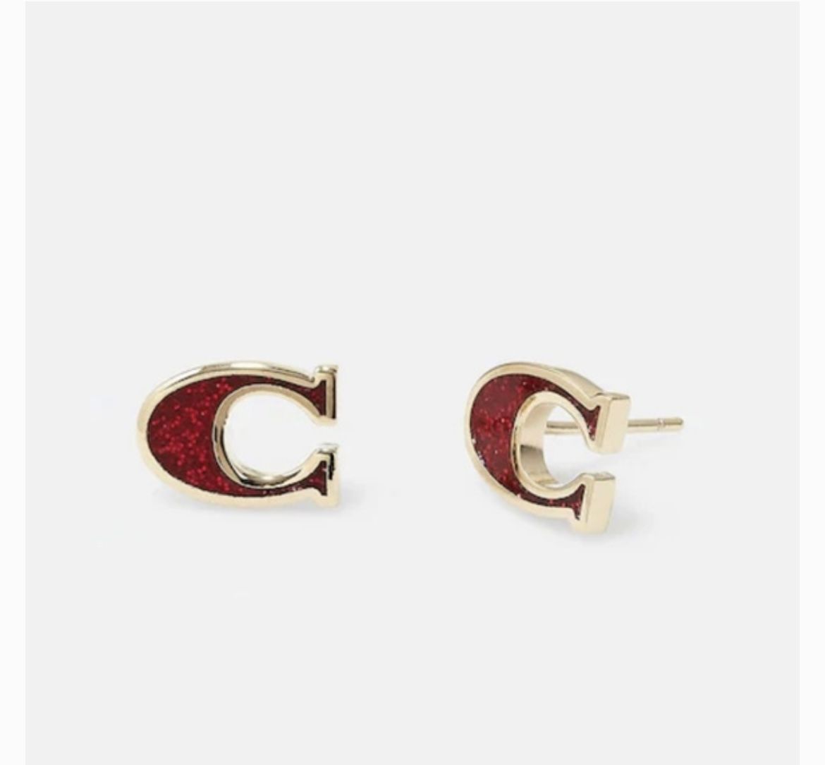 COACH New York Signature Red Glitter/Gold Stud Earrings - Style #CF982 ✨NWT✨