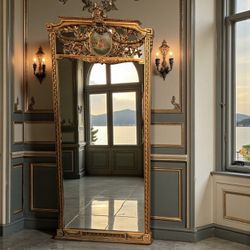 19th Century Circa 1880 French Imprt Louis XVI Giltwood Trumeau Antique Mirror