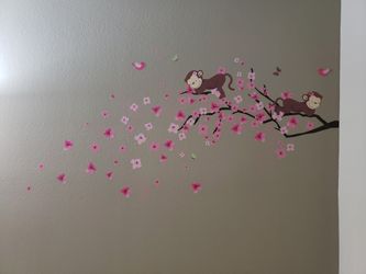 Wall Mural Sticker Stick Decal Monkey Cherry Blossom Tree Branch Pink Brown Girl Baby Room