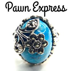 Sterling Silver Floral Marcasite and Turquoise Ring 
