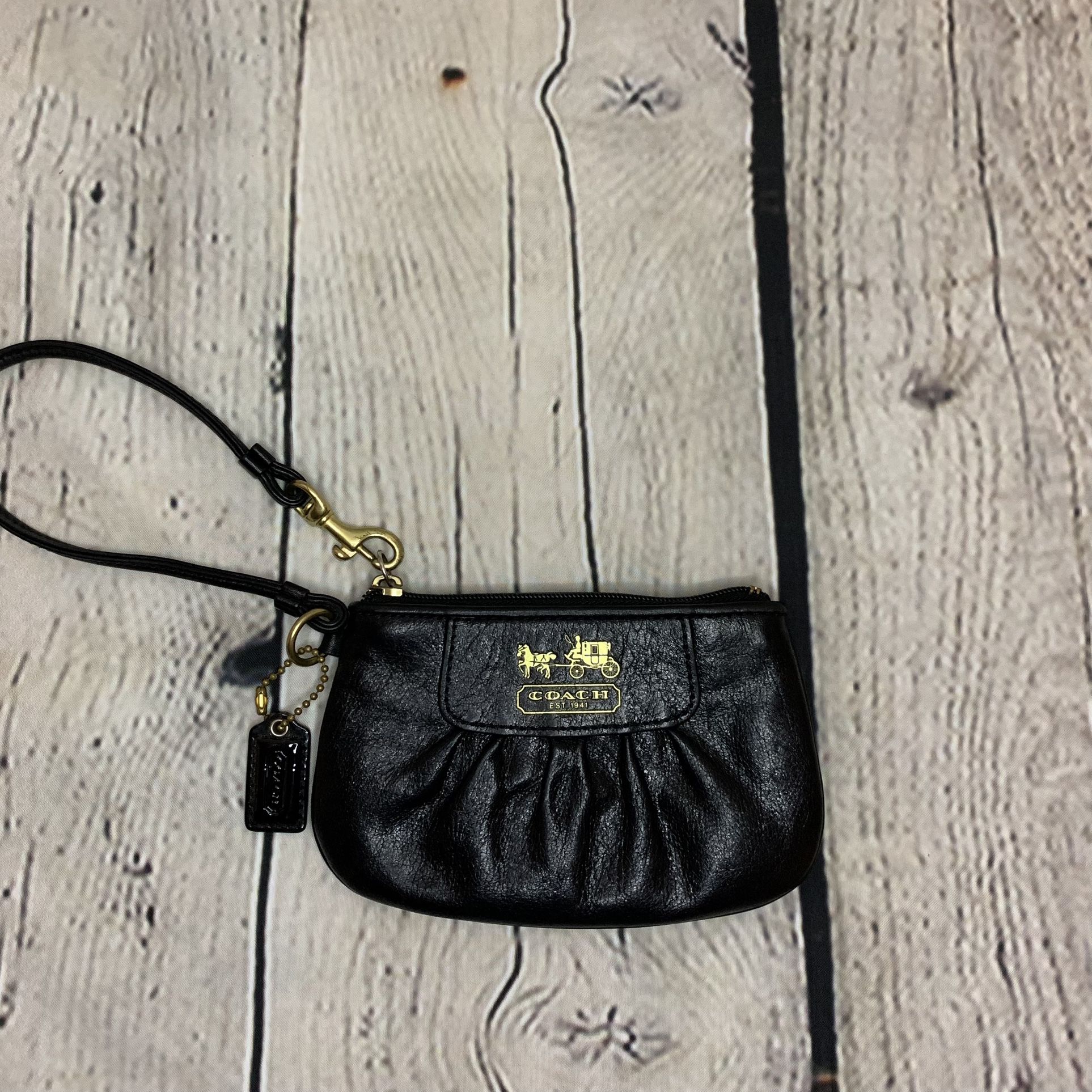 Vintage Coach Black And Gold Tone Brass Leather Wristlet