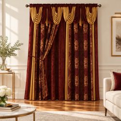 Burgundy and Gold Damask Curtain Set with Valance