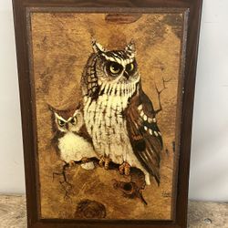 This is a vintage wall print titled Screech Owls wood mounted by artist Richard Hinger Mid Century 1960s 1970s