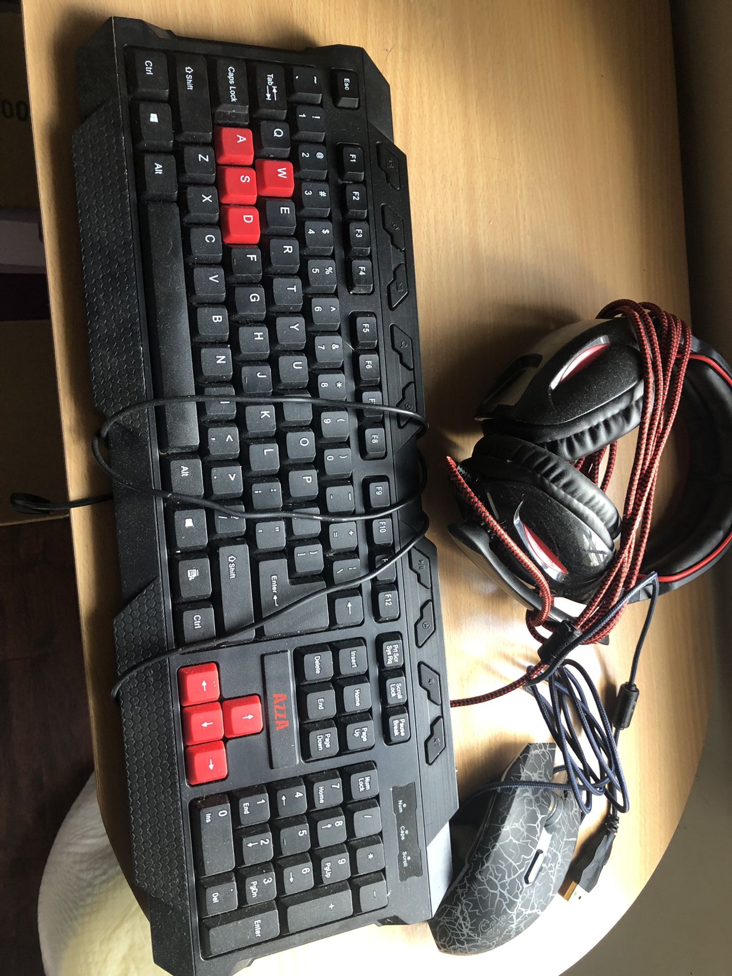 PC gaming keyboard, headphones, mouse