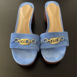NWOB $70 RALPH LAUREN Roxanne Heeled Dress Sandals Size 6 Suede Blue Gold Logo