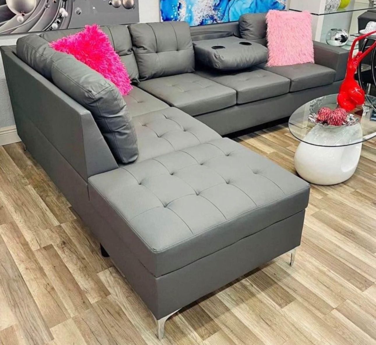 Grey Faux Leather Sofa Sectional With Cup Holder