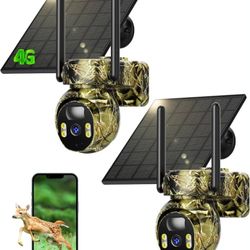 2 Pack, 4G LTE Game Cameras, 2K HD Trail Cam with Solar Power, 360° Live View Wildlife Camera Outdoor Built-in SIM Card, PIR Motion Detection IP66 Wat