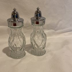 Vintage Silver Plated Plastic Topped Chisled Glass Salt And Pepper Shakers