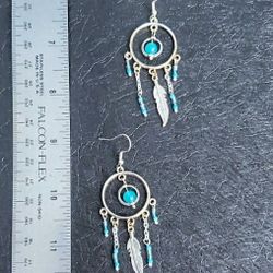 Turquoise Stone, Earrings, Silver Beaded Chain Hoop Earrings