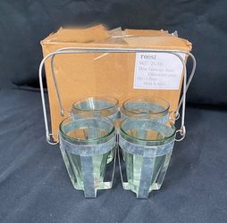 New, R0OST, Price Firm, Set of 4Toulouse Juice Glasses and Metal Caddy