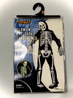 Spirit Halloween glow in the dark skelebones skeleton costume complete set child small 4-6