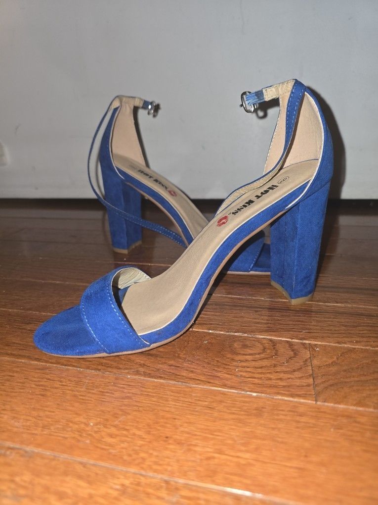 Blue Fabric Ankle Strap High Heels Size 9