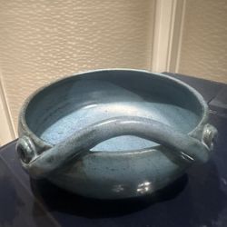 Vintage Celadon Colored Pottery Bowl, Single Handle, Signed