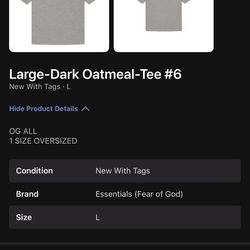 Brand New With Tag essential Fog Dark Oatmeal Tee Large
