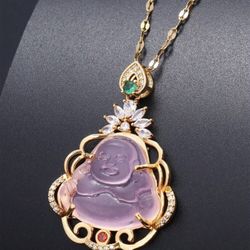 Gold plated icy pink white jade jadeite Buddha necklace chain pendant