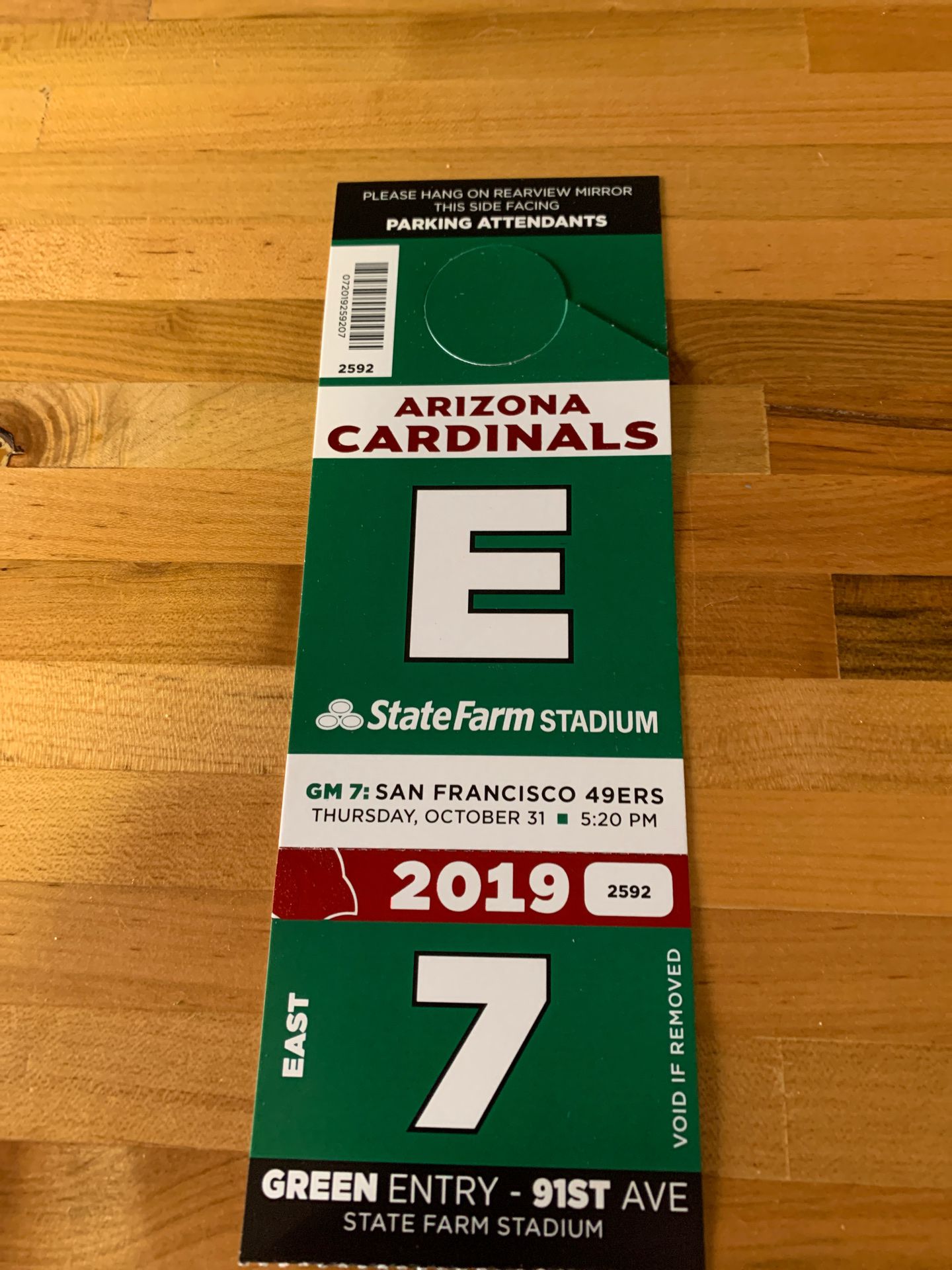 AZ Cardinals vs. San Francisco 49ers Green Parking Pass
