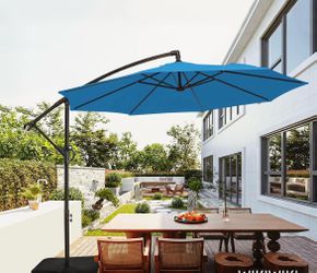 10ft Patio Umbrella with Base Included, Outdoor Offset Cantilever Umbrella with Sandbag Base for Backyard, Garden and Pool, Easy to Tilt and Crank, Ro