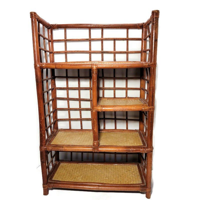 27” Tall Vintage BOHO MCM Bamboo & Rattan Fixed Shelf ETAGERE Book Plant Stand,