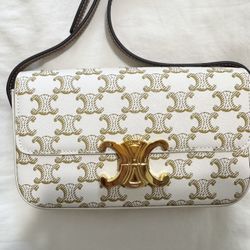 Celine Shoulder Bag Claude Triomphe White Canvas 