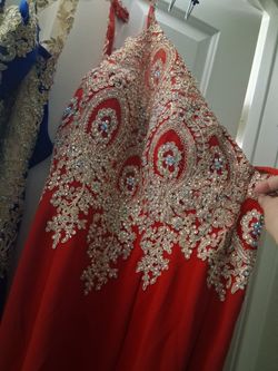 Red Formal Gown with Gold Beaded Embroidery