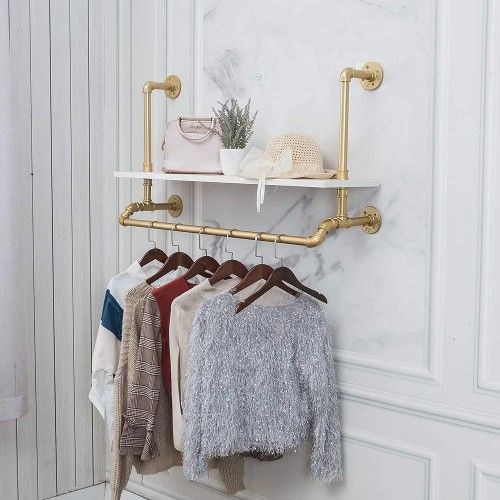 Tianman 40",Gold,White,Industrial Detachable Wall-Mounted Black Iron Wooden Garment Bar,Heavy Duty Pipe Clothing Rack,Pipe Clothes Rack, Multi-Purpose