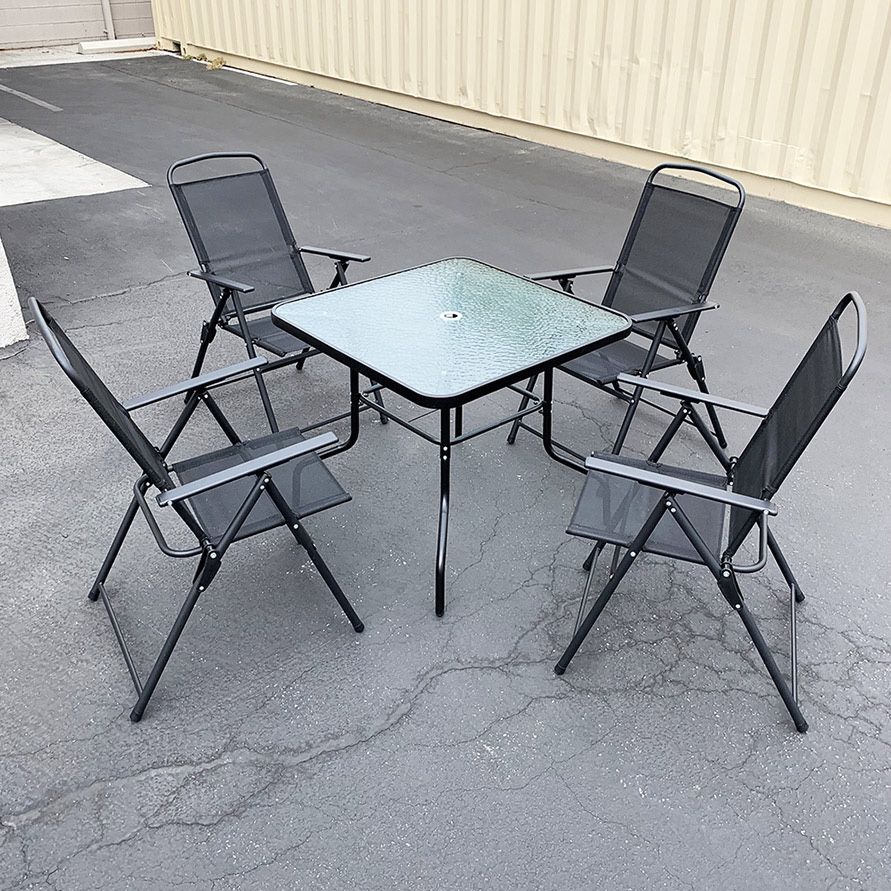 (NEW) $100 Outdoor 5 Piece Patio Set (32x32” Table and 4pc Folding Chairs) Garden Furniture