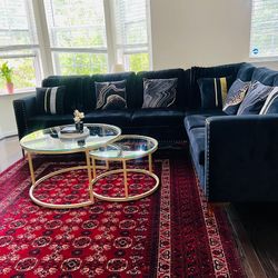 Black Velvet Sectional Sofa with Coffee Tables