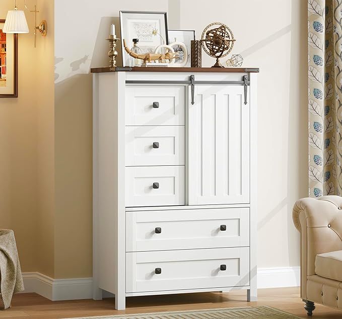 IDEALHOUSE Farmhouse 5 Drawer Dresser for Bedroom, 48" Tall Wood Dresser Chest of Drawer with Slidi