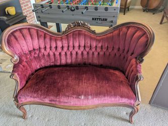 Victorian Style Burgundy Velvet Settee + 2 Matching High-Back Chairs – Carved Wood