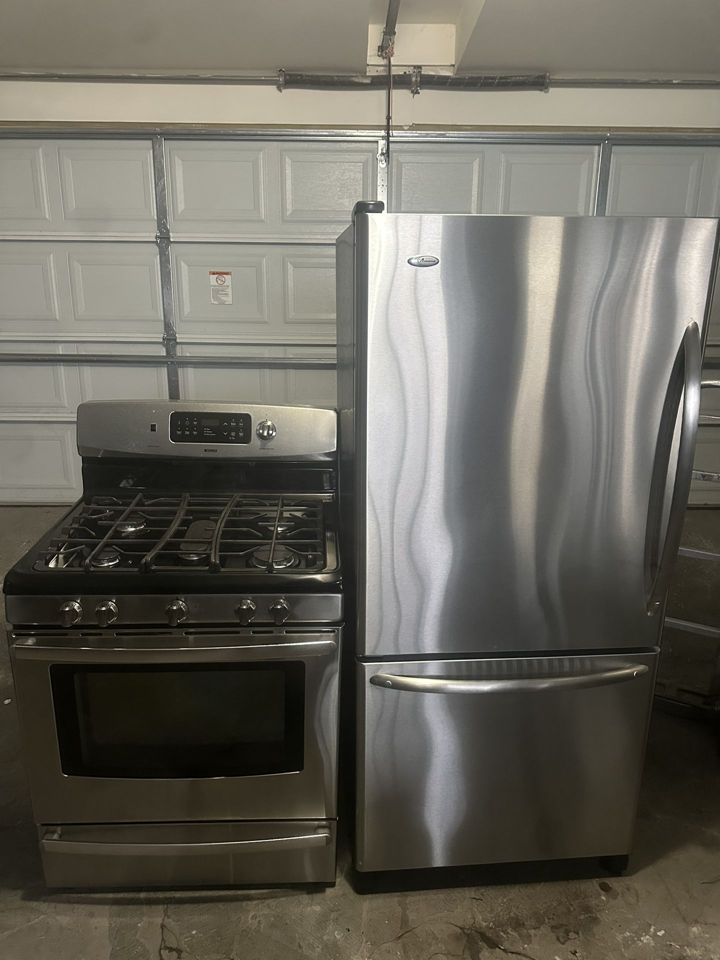 Amana bottom freezer refrigerator &. kenmore 5 burner gas range set stainless steel