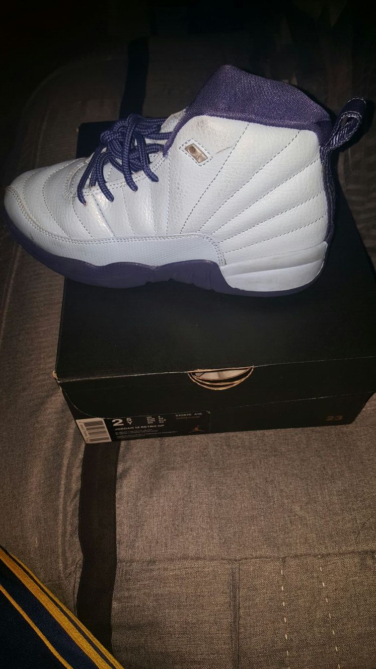 2.5 purple and light blue Jordan 12s