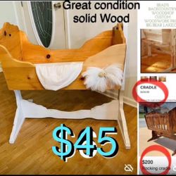 $45 High end Solid Wood swing/rocking Cradle bohemian style with mattress & 100% cotton sheets