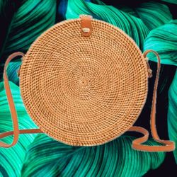 Round Crossbody purse made in Bali Round Rattan Fabric Natural Wicker Boho