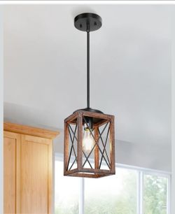 DEWENWILS Farmhouse Pendant Light, Metal Hanging Light Fixture with Wooden Grain Finish, 48 Inch Adjustable Pipes for Flat and Slop Ceiling, Kitchen I