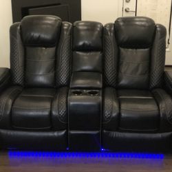 Luxury Home Theater Love Seat — Black Power Leather Recliner Set