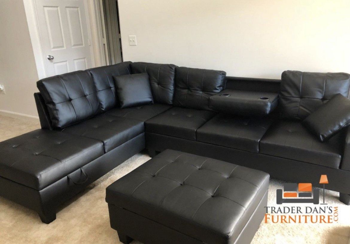 Brand new black faux leather Sectional Sofa with storage ottoman and storage