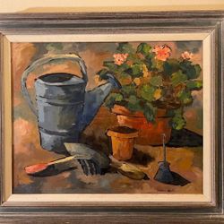Painting Flowers in a Pot Garden Instruments Oil on Canvas by Barbara Austin