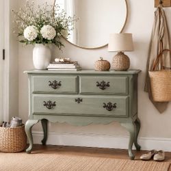Custom Painted Green and Blue French Provincial 3 Drawer Chest with Queen Anne Legs