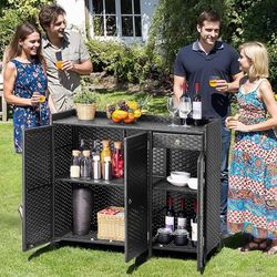 Outdoor Storage Cabinet, Rattan Outdoor Cabinet Storage Weatherproof, Wicker Patio Bar Table with Two Doors, Adjustable Shelves & Drawer, S