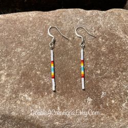 White With Fire Colors Simple Beaded Earrings, New, Handmade By Me