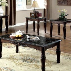 Espresso Rectangle Faux Marble Coffee Table Set (3-Piece)