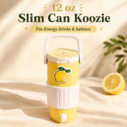 Retro Lemon Slim Can Cooler with Handle – 12 oz Summer Drink Holder