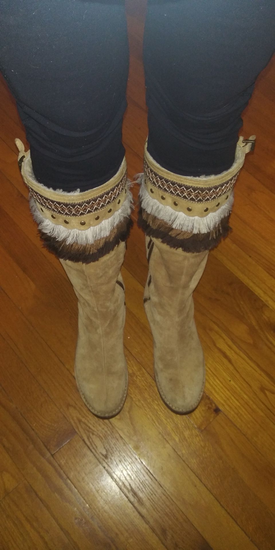 Rare Ugg Tall Keira Suede Boots With Fringe Top
