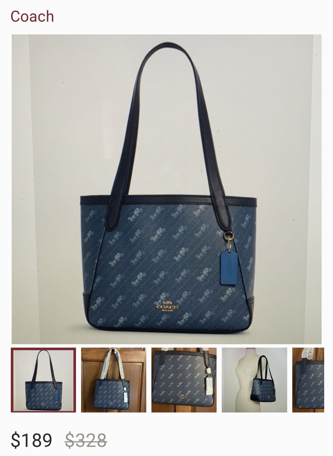 Coach horse and carriage tote 27 with dot print. Printed coated canvas and smooth leather. Inside zip pocket. Snap closure. Handles with 9 1/2 drop. 1