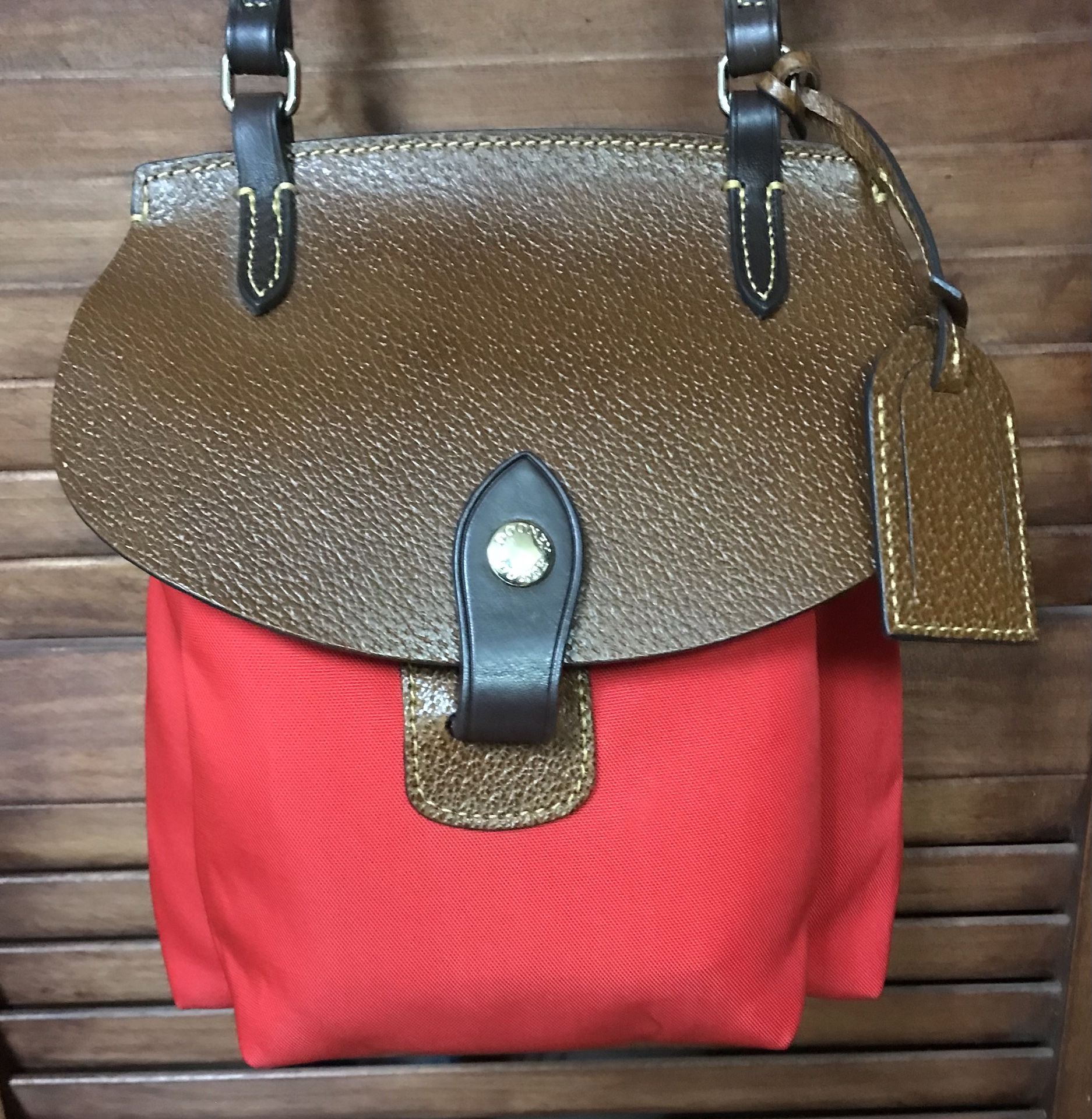 NWOT Red Canvas Saddle Crossbody w/ Dark Brown Leather Trim & Yellow Stitching