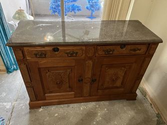 Antique Eastlake Victorian Sideboard Buffet with Burl Wood Accents & Stone Top