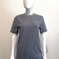 Lacoste Striped Women Gray Blue Cotton Crew Neck Regular Fit T-Shirt