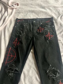 Vasdev 2020 1/1 jeans pants denim  Target practice bulleyse gun arrow  custom stitched patchwork Black red  Size 32  Endless denim vlone look alike