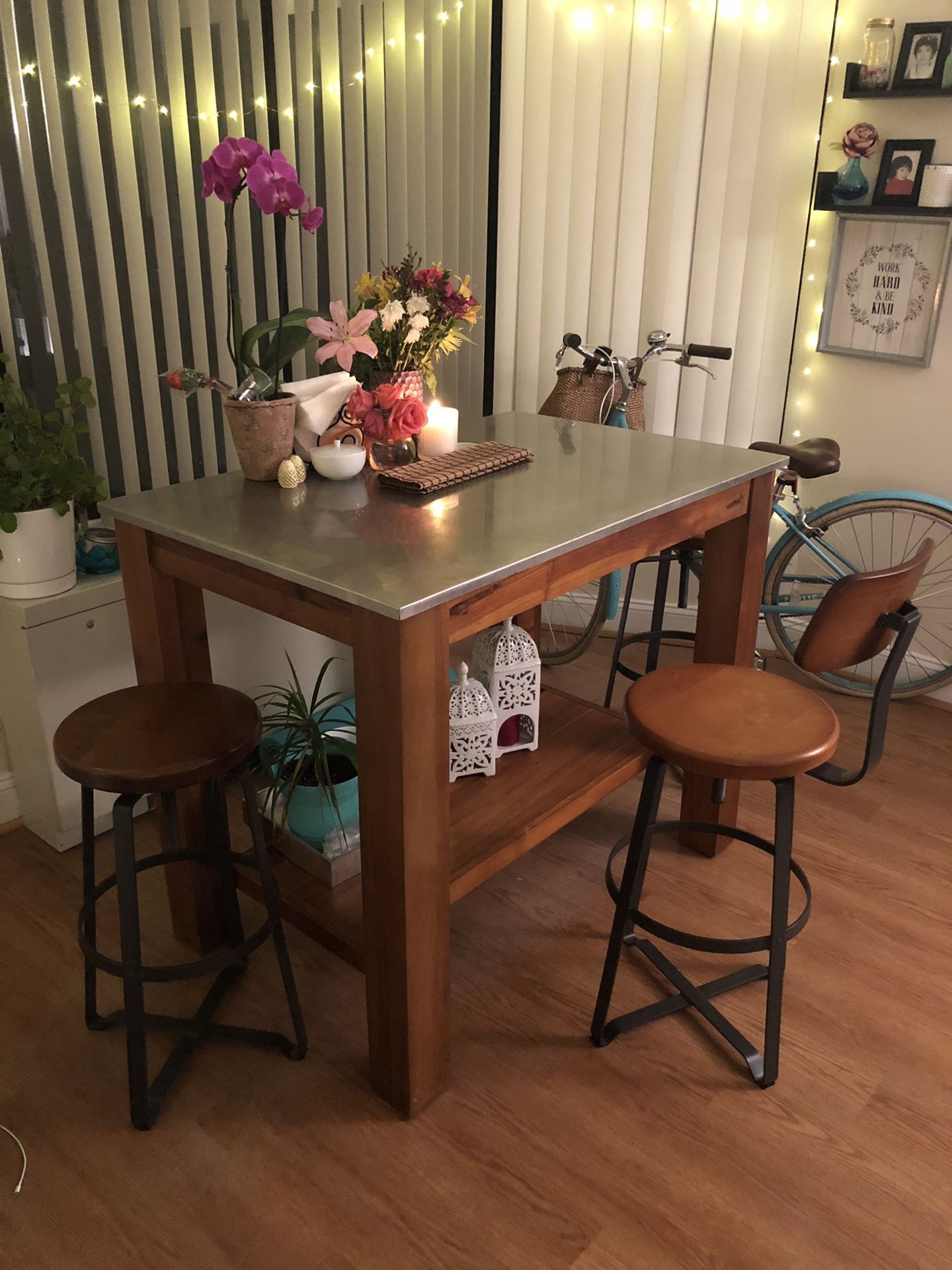West Elm Rustic Kitchen Island and 3 stools