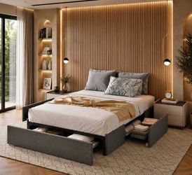 Full Size Platform Bed Frame with 3 Storage Drawers, Fabric Upholstered